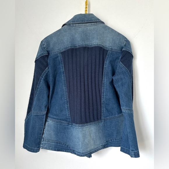 Multiples Blue Denim Knit Moto Zip Front Stretch Jean Jacket Women’s Size Small - Picture 3 of 9